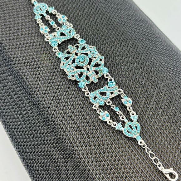 Vintage VCLM Victorian Style Silver Tone Bracelet, Blue Crystals, Faux Turquoise - Picture 2 of 9